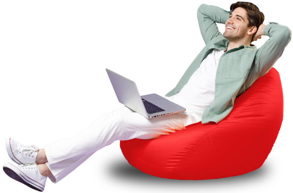 Guy sitting on a red bean bag